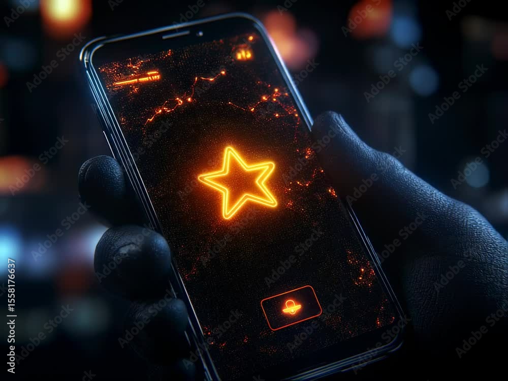 Poster glowing star and data points on a phone screen held in a gloved hand against a blurred dark backgrou