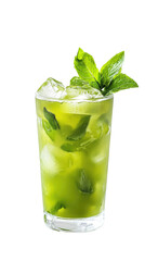 Refreshing Iced Matcha Tea with Mint and Ice Cubes on White Background