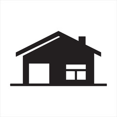 Simple black silhouette of a house with chimney and windows