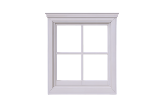 Classic Four Pane Window, Simple Wood Frame with Crown Molding, isolated on transparent background. PNG file, cut out