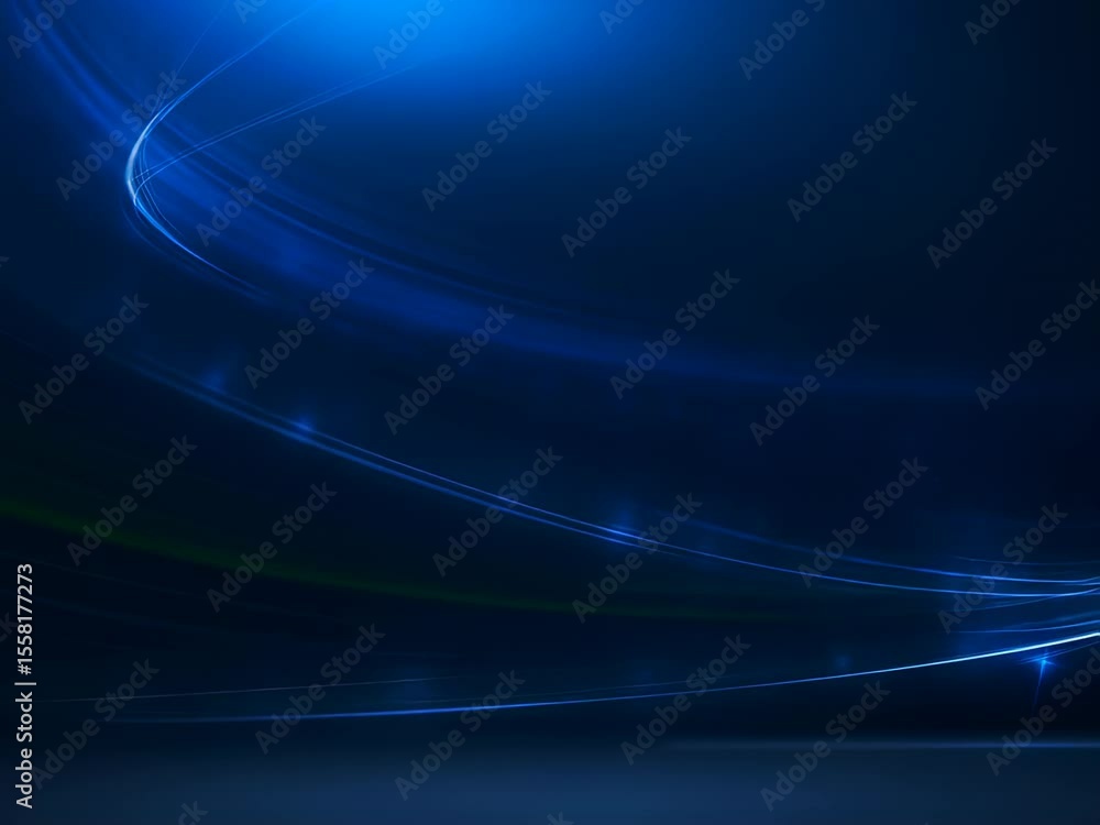 Poster abstract dark blue background with glowing light trails, creating dynamic, curved lines across a dar