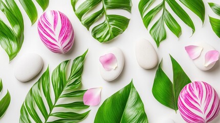Serene Composition: Green Leaves, Pink Petals, and White Stones on White