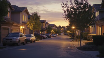 Fototapeta premium A quiet suburban street in the evening, with warm porch lights illuminating houses and parked cars