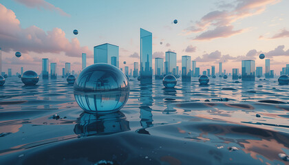 Serene reflections capture a futuristic city landscape with crystal spheres floating on water, creating a dreamlike and surreal atmosphere.