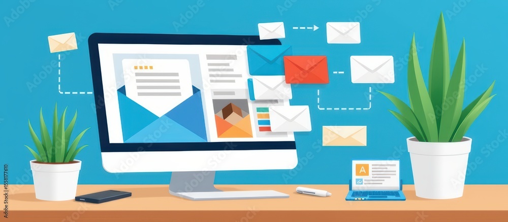 Poster digital workspace with email interface and potted plants on a desk.