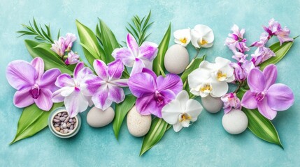 Serene Orchid Arrangement with Spa Stones on Textured Turquoise Background