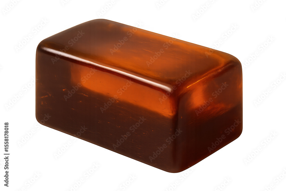 Poster translucent amber resin block gleaming with warm light, highlighting intricate natural patterns and 