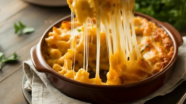 Closeup view of creamy cheesy pasta dish in baking dish perfect for recipe inspiration or restaurant menu images
