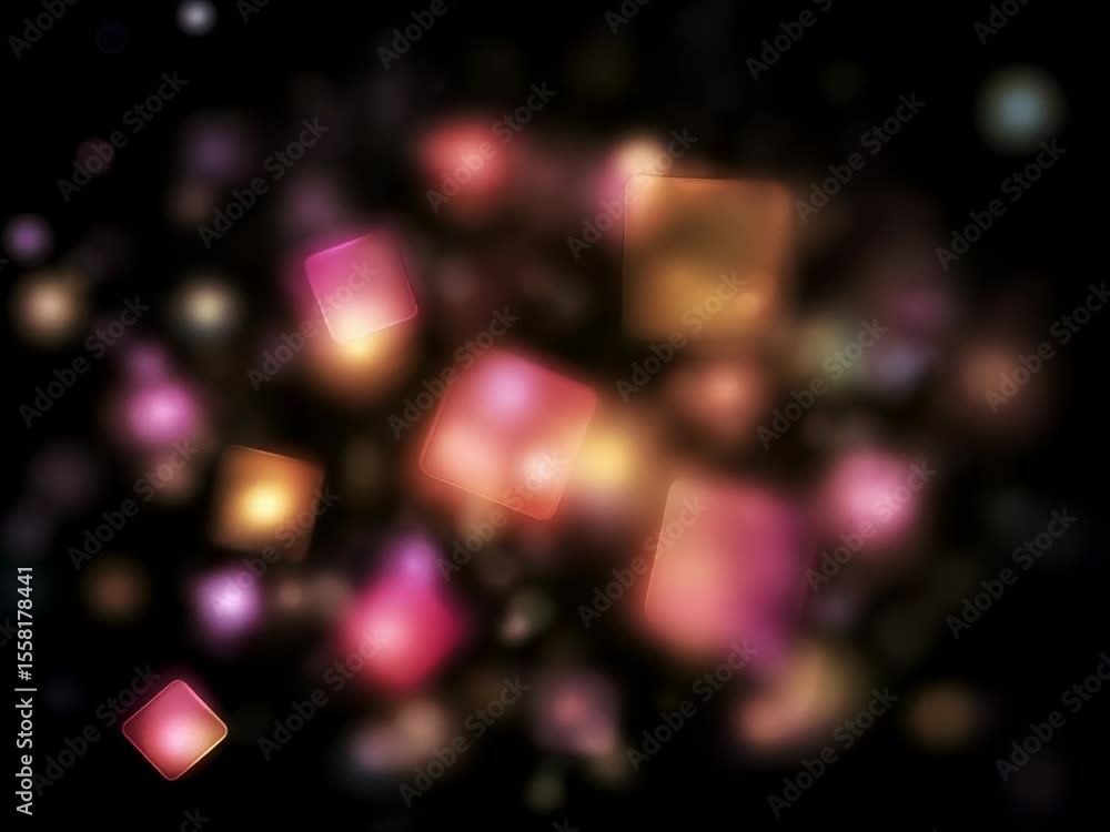 Poster glowing, translucent squares float in a dark space, creating an ethereal and vibrant abstract scene