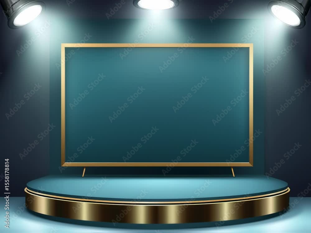Poster teal podium with gold accents and a large empty frame illuminated by spotlights, creating an elegant
