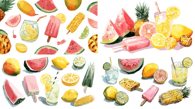 Watercolor summer fruits and tropical drinks with watermelon, lemon, mango, popsicles, and juice, ideal for seasonal design and refreshing themes.