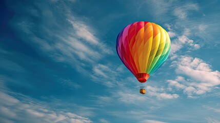 Obraz premium Rainbow Ride Hot Air Balloon soaring against a Blue Sky.