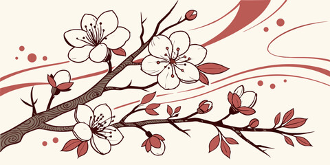 Old-style Japanese watercolor pattern with pretty flowers that repeats smoothly for classic Asian abstract floral backgrounds in dark red white background vector illustration.