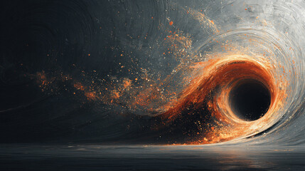 Abstract black hole with fiery orange swirls and glowing particles against a dark cosmic backdrop, evoking energy, chaos, and celestial mystery.