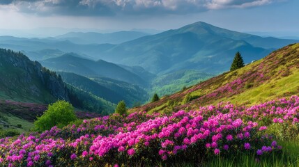 Fototapeta premium Rhododendron Bloom Carpathian Mountains purple glory on hazy hills.