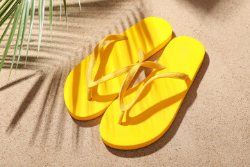 Composition with stylish flip-flops and tropical leaf on sand as background, closeup