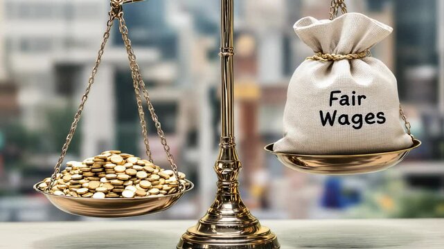 Gold coins and a "Fair Wages" sack balanced on antique scales against a blurred city backdrop.