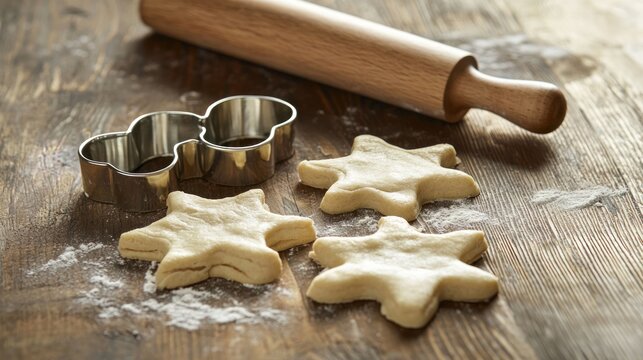 A rustic baking scene with a rolling pin, cookie cutters, and fresh pastry dough