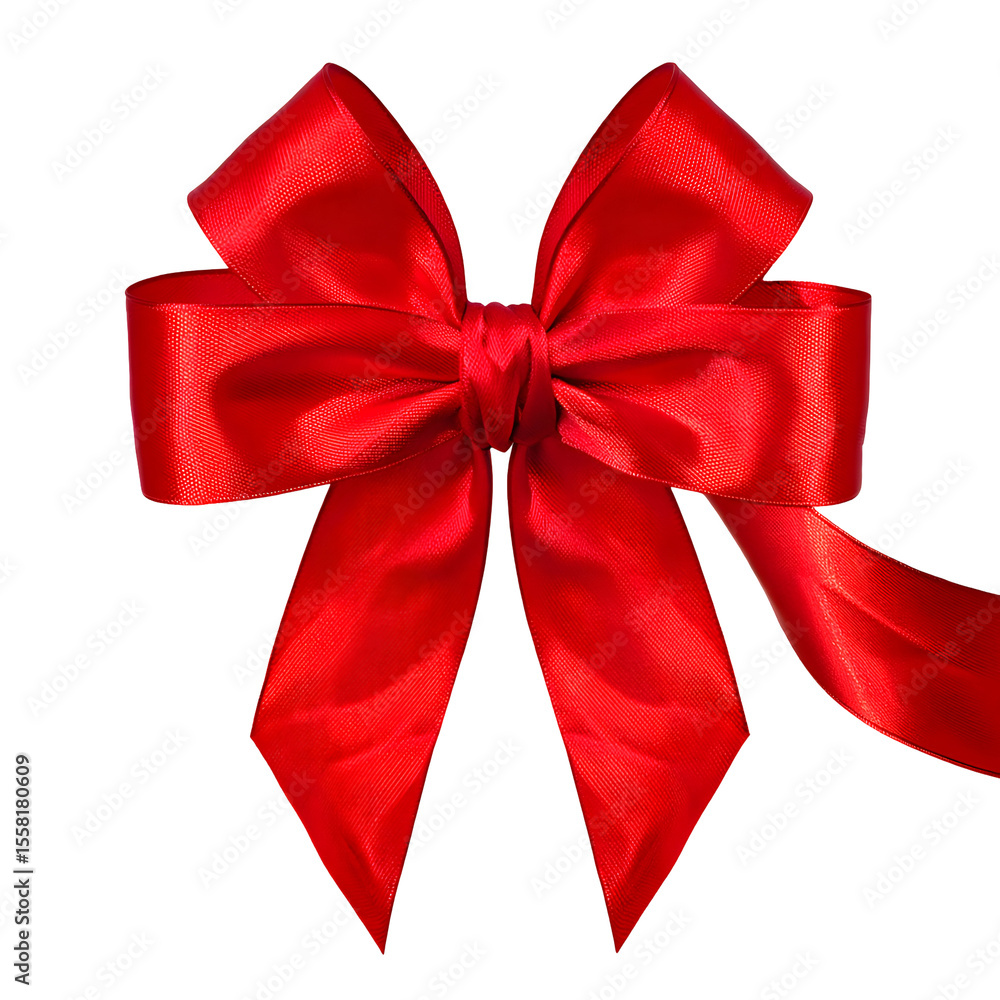 Poster shiny red satin ribbon bow with flowing tails isolated on a transparent background image