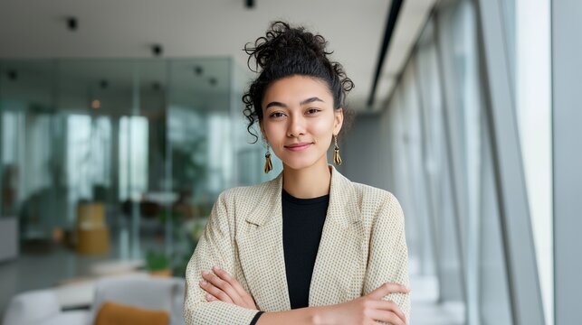 A successful and friendly female entrepreneur or manager with her hair in a messy bun, standing with arms crossed in a bright corporate workplace