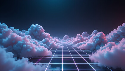 Vaporwave dreams present fluffy clouds over a neon grid, evoking a sense of retro futuristic fantasy and dreamy digital horizons.