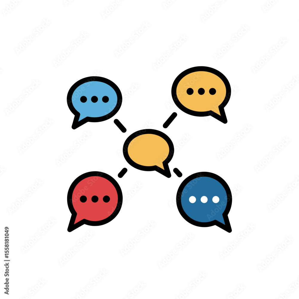 Poster centralized vibrant communication hub connecting diverse colored message bubble icons symbolizing dy