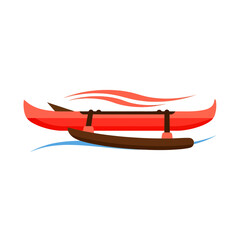 Dynamic red outrigger canoe with brown pontoon floating on stylized blue wave vector graphic illustration symbolizing traditional pacific island boat travel and aquatic adventure