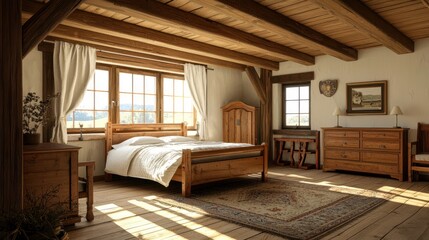 Fototapeta premium A rustic bedroom with wooden beams and furniture