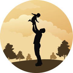 Silhouette of a Father Joyfully Tossing His Child in the Air Against a Sunset Landscape