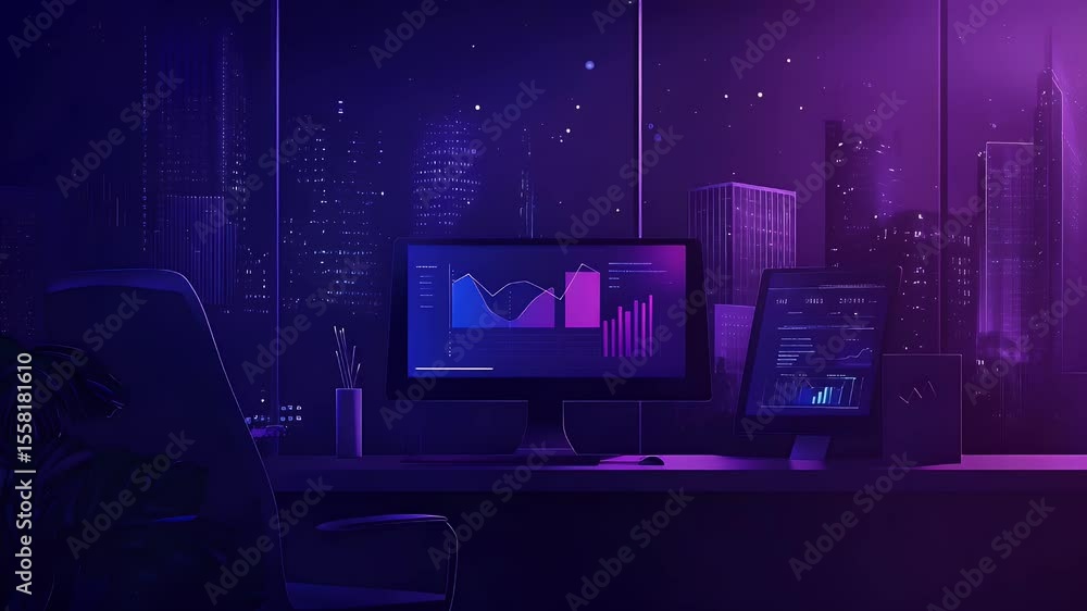 Poster nighttime city view office workspace with illuminated graphs on multiple monitors