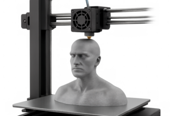 Modern 3d printer creating a detailed human bust, showcasing advanced technology and innovation against a transparent background