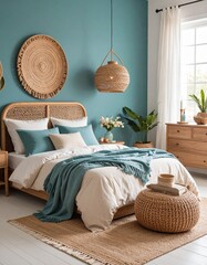  Azur blue bedroom with boho decor and natural textures