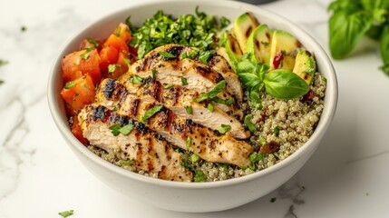 Close up of a bowl filled with grilled chicken quinoa avocado and diced tomatoes dish