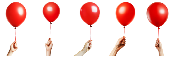 Hands Holding Red Balloons in Various Poses and Positions, Isolated on Transparent, white background