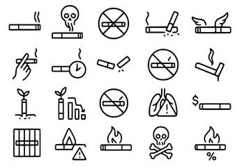 No Smoking & Tobacco Warning Line Icons: Health, Ban & Quit Smoking Vector Set
