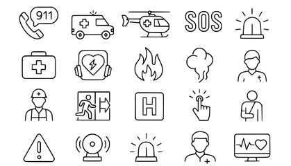 Emergency Services & First Aid Line Icons: Medical, Fire & Rescue Vector Set