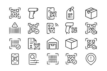 QR and Barcode Scanning Line Icons: Product, Logistics & Digital Code Vector Set