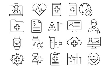 Digital Healthcare & Telemedicine Line Icons: Medical Tech, AI & Health Monitoring Vector Set