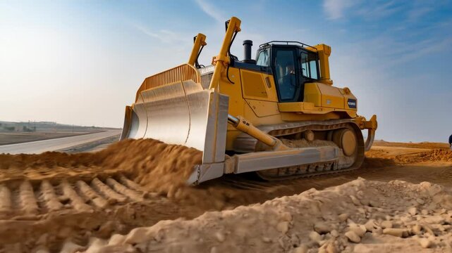 Large yellow bulldozer working on a construction site under a clear sky