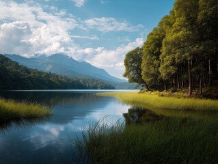 A beautiful and serene scene of a pristine lake reflecting the blue sky and clouds on a sunny day. A concept for travel, nature, and tranquility