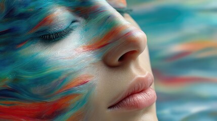 Mental health crisis in therapy and emotional balance concept. A serene close-up of a face adorned with vibrant abstract colors.