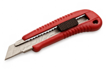 Red utility knife with a sharp retractable blade, isolated on a transparent background, ready for cutting and various applications