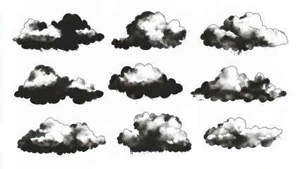 Set of Clouds Silhouette Isolated on White Background, Graphic Weather Sky Cloud Collection