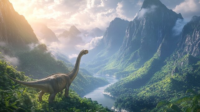 Dinosaur in Lush Mountain Valley