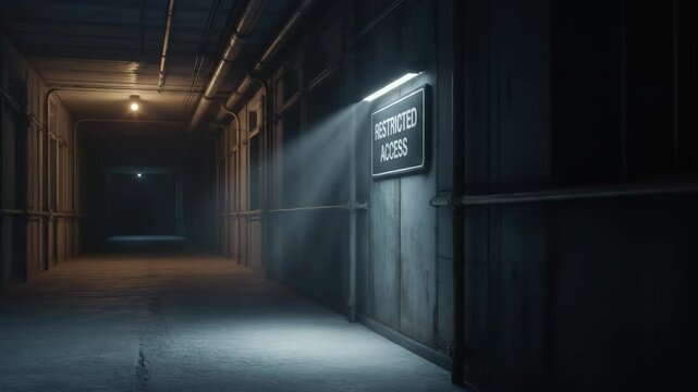 Restricted access hallway in a dimly lit industrial facility perfect for commercial stock photography or editorial articles related to security and industry