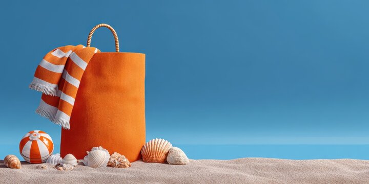 Beach bag and seashells against blue summer sky and ocean background