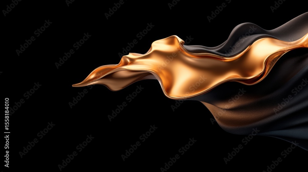 Poster a flowing, metallic gold and black fabric-like abstract shape twists dynamically against a black bac