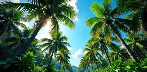 Fototapeta premium Lush Tropical Oasis Sunlight Dappled Palm Trees Create a Serene Escape Under a Vibrant Blue Sky, Perfect for Travel and Nature Photography