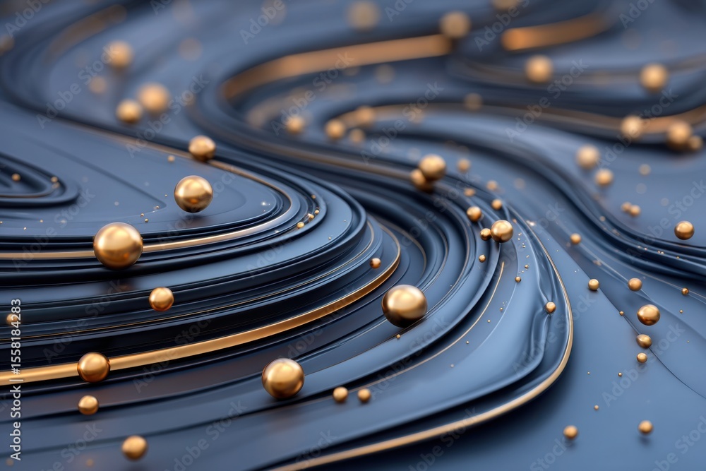 Poster abstract dark blue flowing lines with scattered shiny golden spheres creating a futuristic, dynamic,