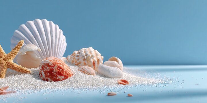 Seashells and starfish on a sandy beach with blue background